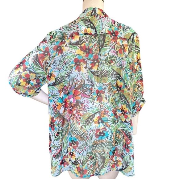 Quintessential Button-Up Roll Tab Sheer Floral Top XL 142L - Picture 4 of 8